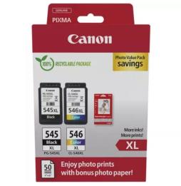 Cartucho de Tinta Original Canon PG-545XL + CL546XL Multipack Alta Capacidad/ Negro/ Tricolor + Papel Fotográfico