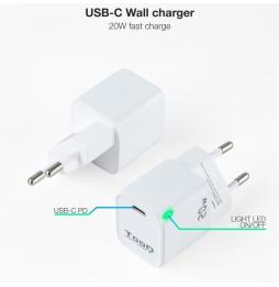 Cargador de Pared TooQ TQWC-PD20WT/ 1xUSB Tipo-C/ 20W/ Blanco