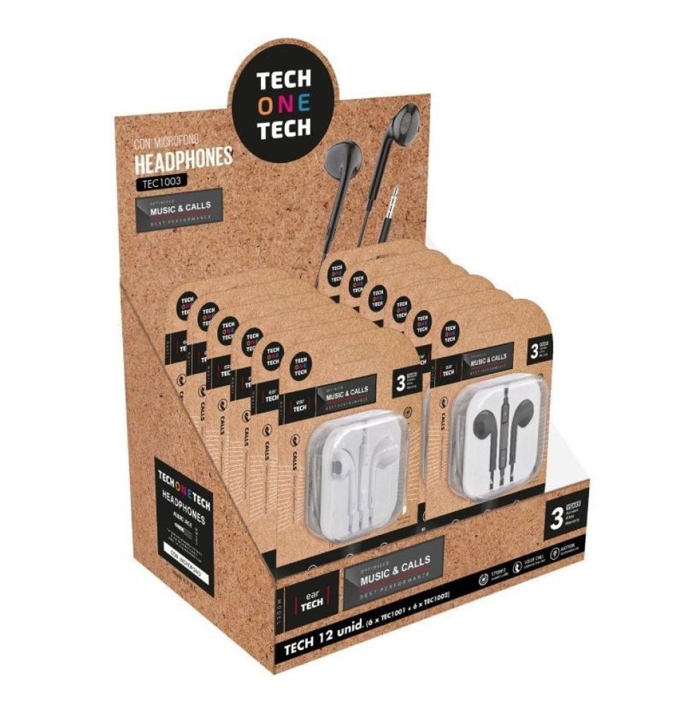 Expositor de Auriculares Tech One Tech EarTECH TEC1003 / con Micrófono/ Jack 3.5/ Incluye 6 Auriculares Blancos y 6 Auriculares 