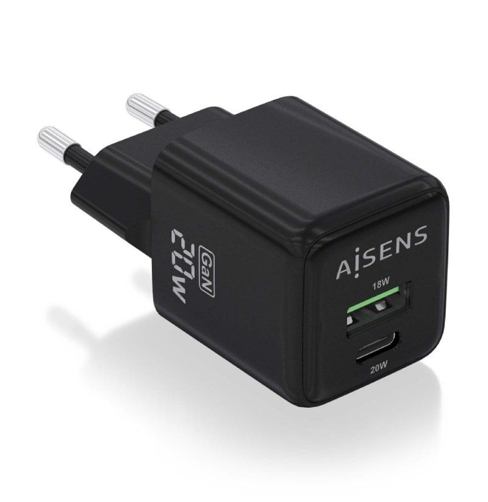 Cargador Gan de Pared Aisens ASCH-20W2P011-BK/ 1xUSB Tipo-C/ 1xUSB/ 20W