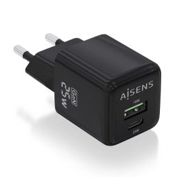 Cargador Gan de Pared Aisens ASCH-25W2P015-BK/ 1xUSB Tipo-C/ 1xUSB/ 25W