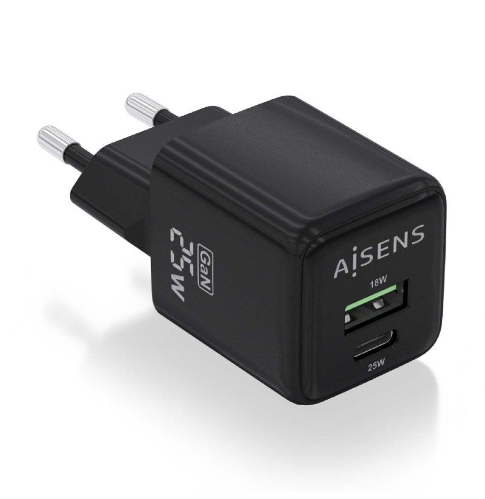 Cargador Gan de Pared Aisens ASCH-25W2P015-BK/ 1xUSB Tipo-C/ 1xUSB/ 25W