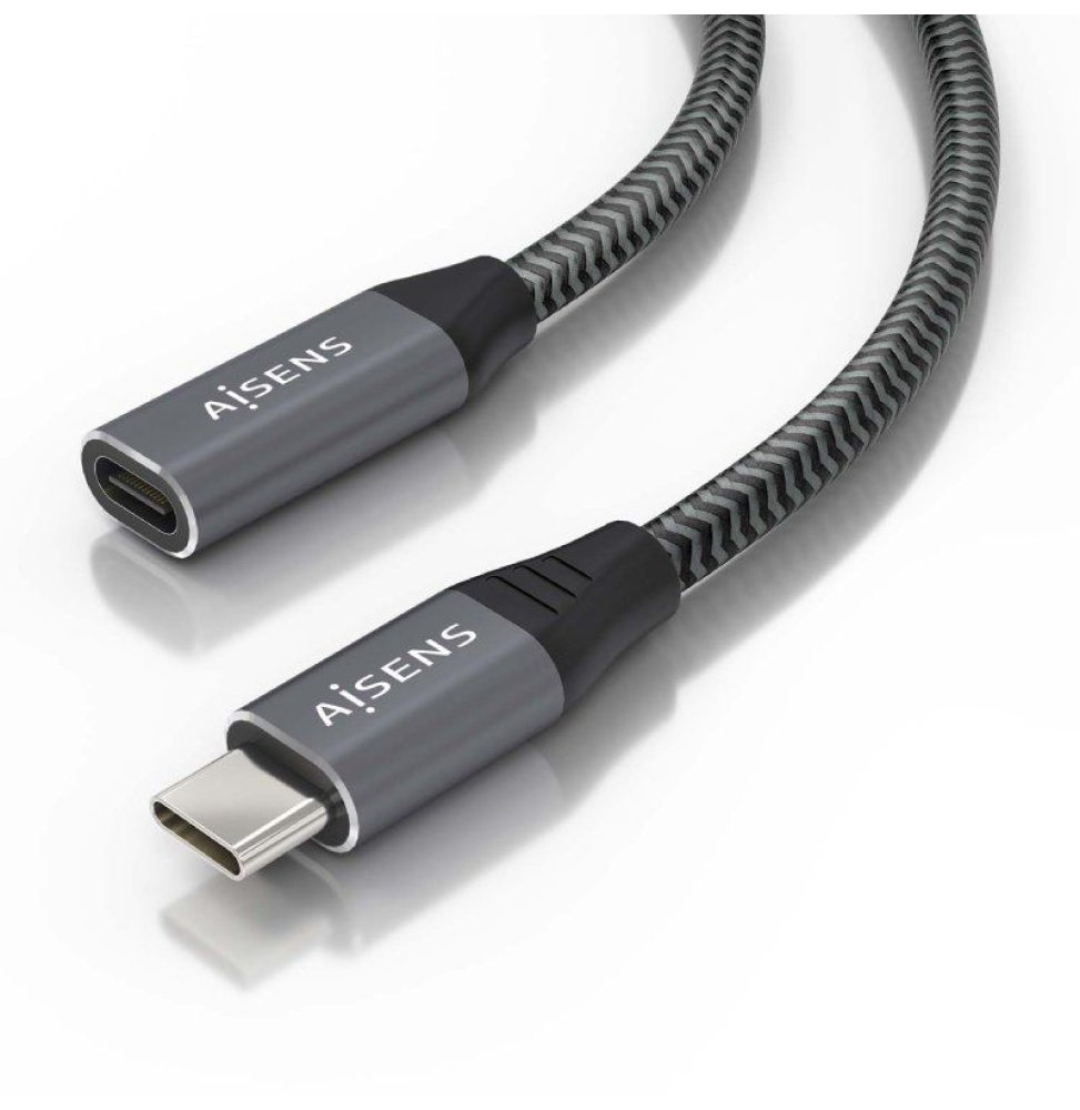 Cable Alargador USB 3.2 Aisens A107-0636/ USB Tipo-C Macho - USB Tipo-C Hembra/ Hasta 100W/ 20Gbps/ 2m/ Gris