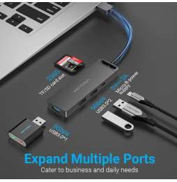 Docking USB 3.0 Vention CHVBB/ 3xUSB/ 1xMicro USB PD/ 1xLector Tarjetas SD y MicroSD/ Negro