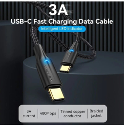 Cable USB 2.0 Tipo-C 3A Vention TAUBI/ USB Tipo-C Macho - USB Tipo-C Macho/ Hasta 60W/ 480Mbps/ 3m/ Negro