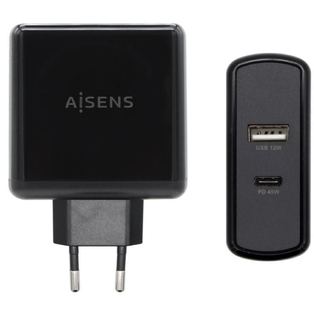 Cargador de Pared Aisens ASCH-2PD45A-BK/ 1xUSB Tipo-C/ 1x USB/ 57W