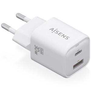 Cargador Gan de Pared Aisens ASCH-30W2P020-W/ 1xUSB Tipo-C/ 1xUSB/ 30W