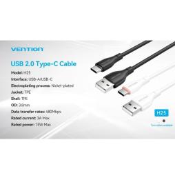 Cable USB Tipo-C Vention H25BF/ USB Tipo-C Macho - USB Macho/ 15W/ 480Mbps/ 1m/ Negro