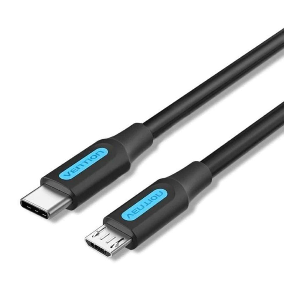 Cable USB 2.0 Tipo-C Vention COVBD/ USB Tipo-C Macho - MicroUSB Macho/ Hasta 10W/ 480Mbps/ 50cm/ Negro