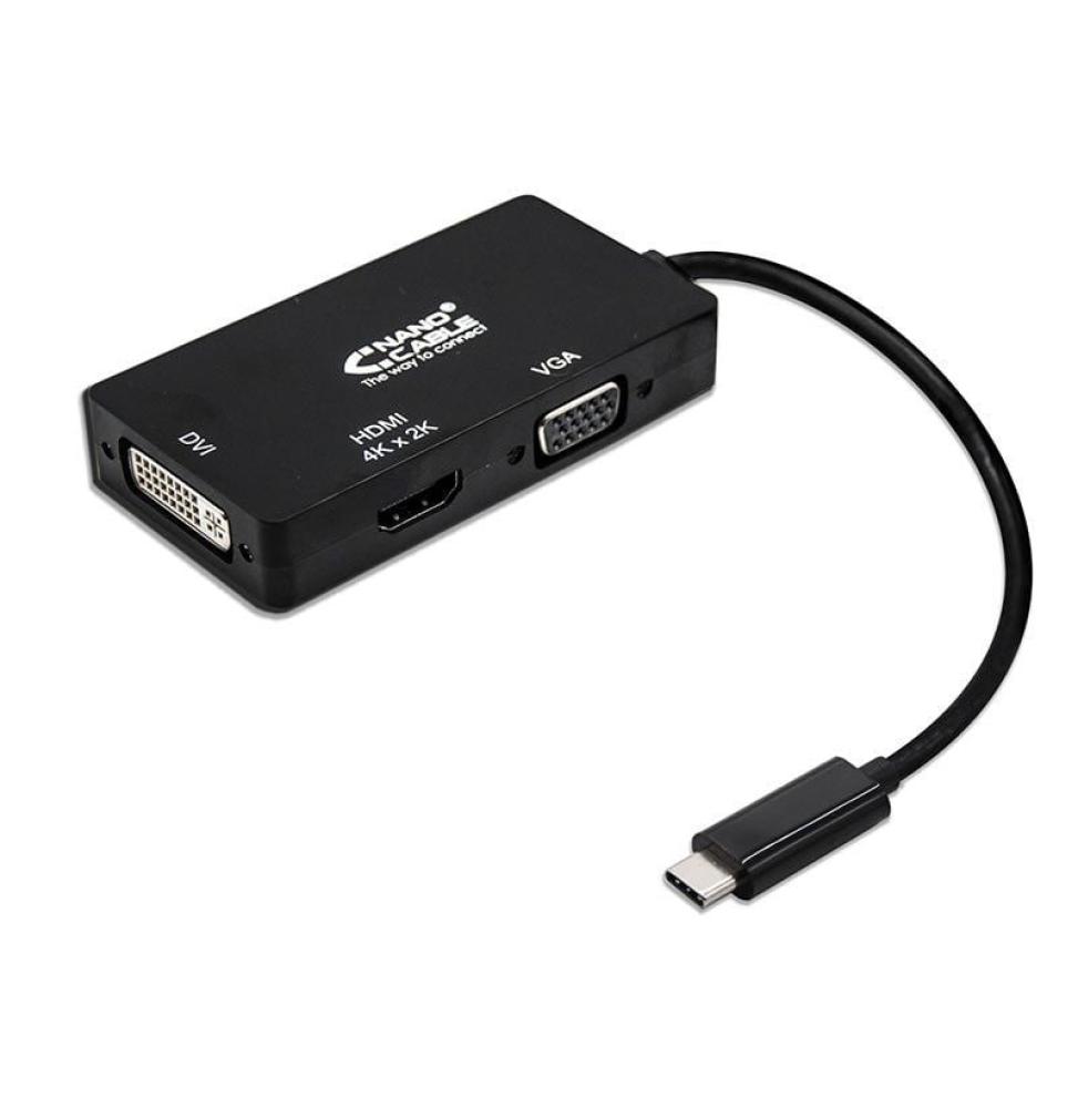 Conversor Nanocable 10.16.4301-BK/ USB Tipo-C Macho - VGA Hembra/ DVI Hembra/ HDMI Hembra/ 10cm/ Negro