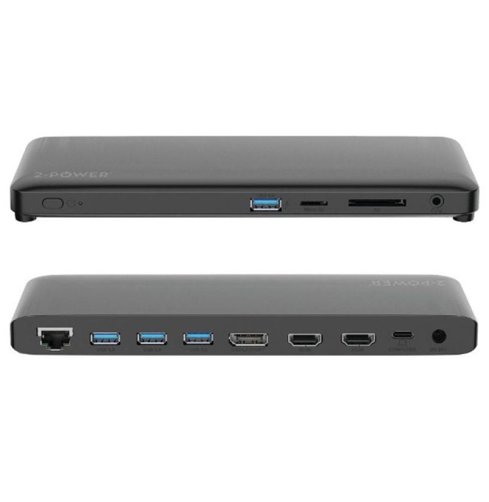 Docking USB Tipo-C 2-Power DOC0117A/ 4xUSB/ 1xUSB Tipo-C PD/ 2xHDMI/ 1xDisplayPort/ 1xJack/ 1xRJ45/ 1xLector Tarjetas SD/ Gris