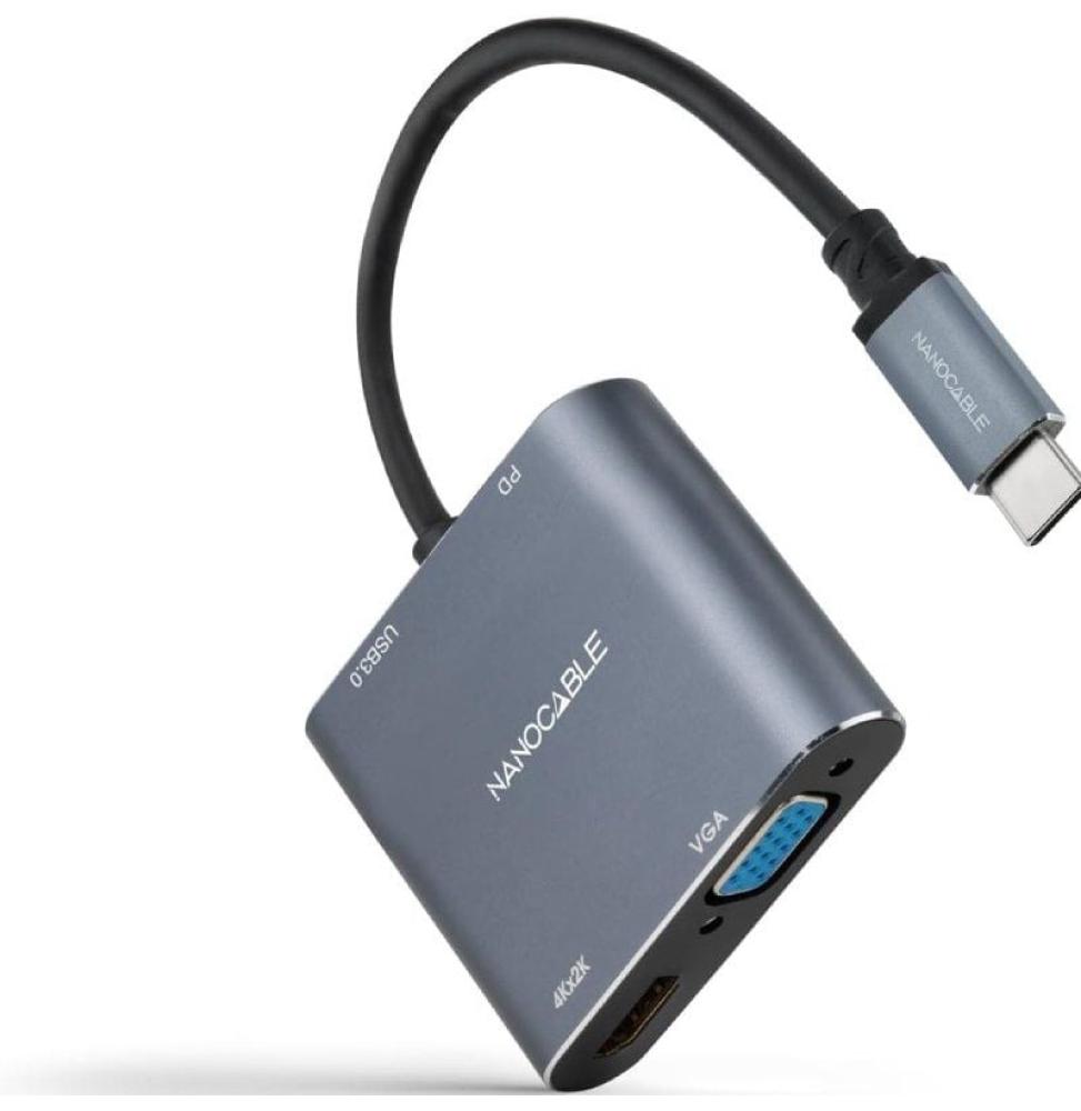 Conversor Nanocable 10.16.4304/ USB Tipo-C Macho/ HDMI 4K Hembra - VGA Hembra - USB Tipo-C PD Hembra - USB Hembra/ 15cm/ Gris