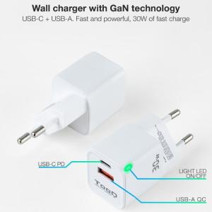 Cargador de Pared TooQ TQWC-GANQCPD30WT/ 1xUSB Tipo-C/ 1xUSB/ 30W