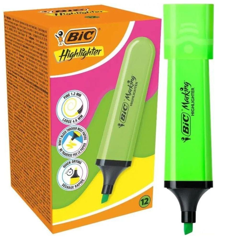 Caja de Marcadores Fluorescentes Bic Highlighter Flat Neón/ 12 unidades/ Verdes