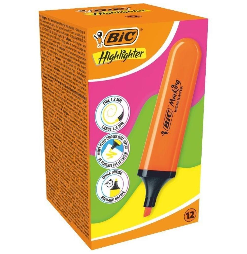 Caja de Marcadores Fluorescentes Bic Highlighter Flat Neón/ 12 unidades/ Naranjas