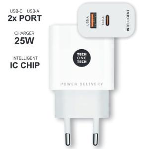 Cargador de Pared Tech One Tech TEC2267/ 1xUSB Tipo-C/ 1xUSB/ 3A/ Blanco