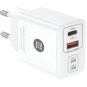 Cargador de Pared Tech One Tech TEC2267/ 1xUSB Tipo-C/ 1xUSB/ 3A/ Blanco