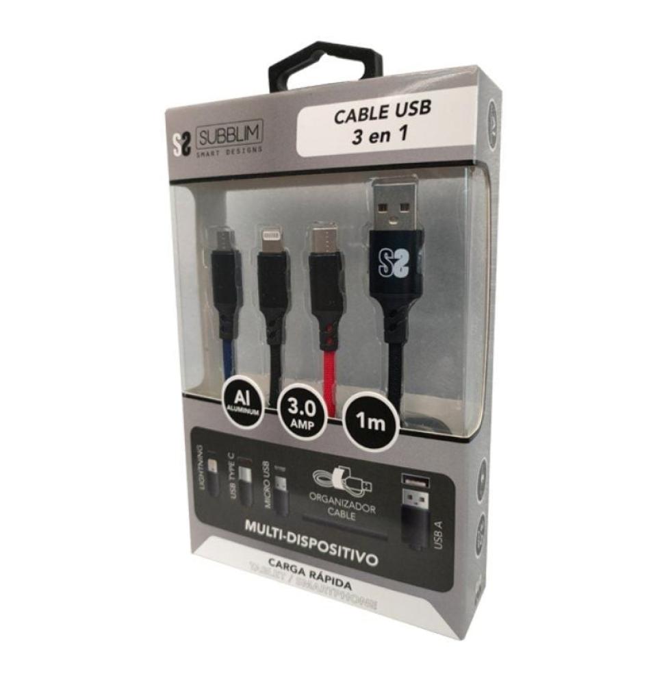 Cable USB 2.0 Subblim SUB-CAB-3IN101/ Micro USB + USB Tipo-C + Lightning - USB Macho/ 1m