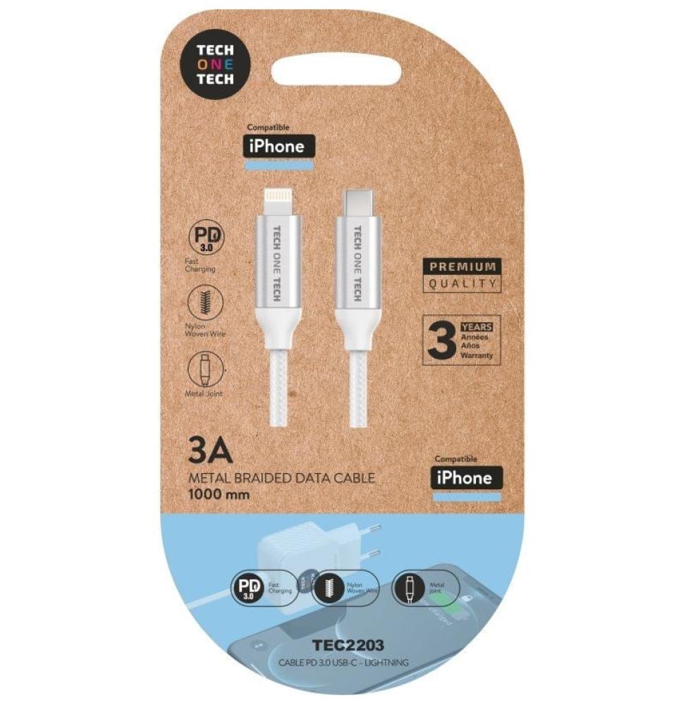 Cable Lightning Tech One Tech TEC2203/ Lightning Macho - USB Tipo-C Macho/ 1m/ Blanco