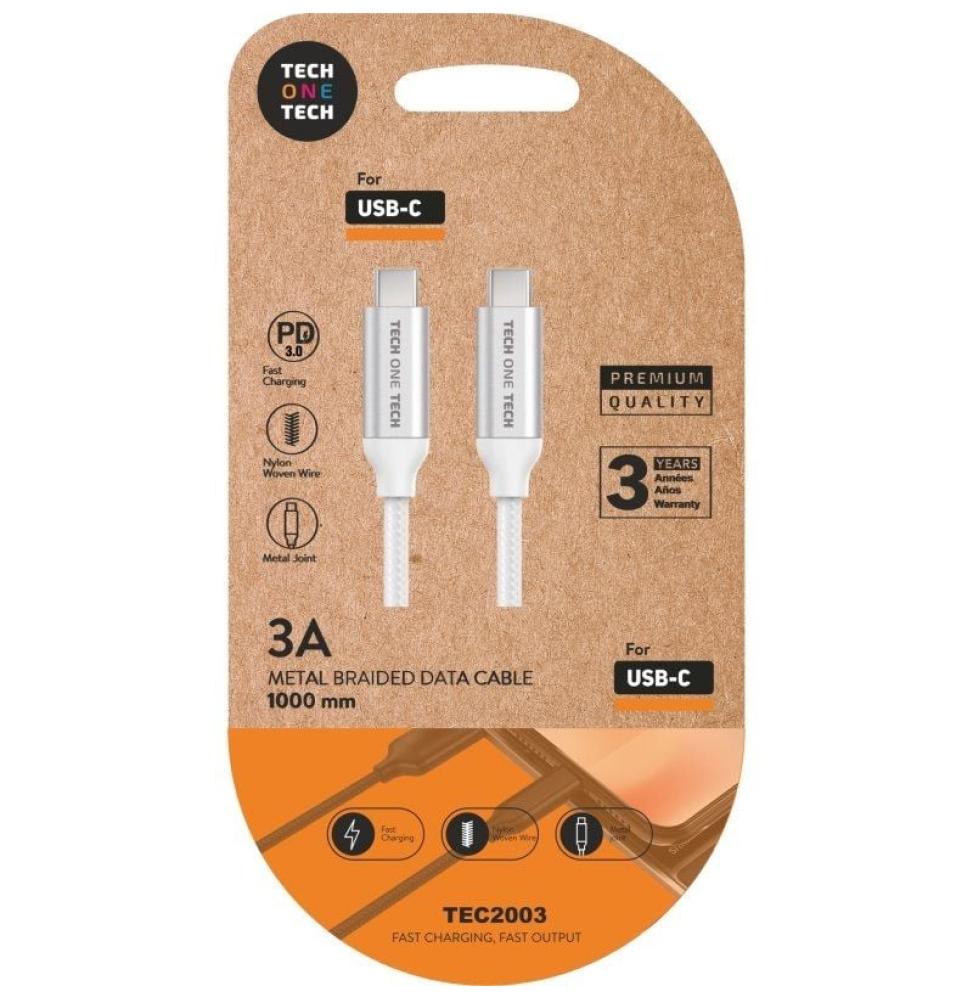 Cable USB 2.0 Tech One Tech TEC2204/ USB Tipo-C Macho - USB Tipo-C Macho/ 1m/ Blanco