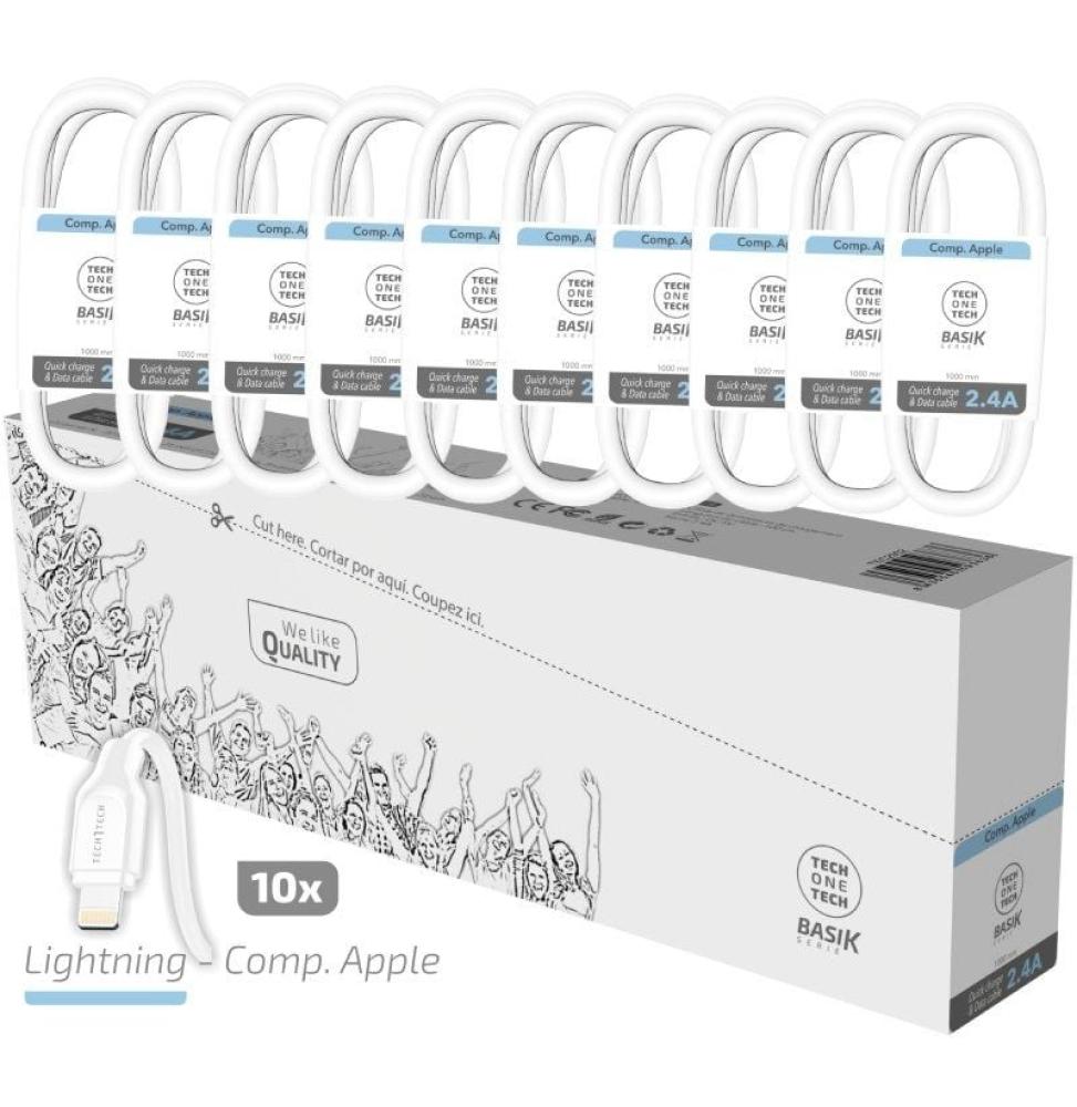 Pack 10 Cables Lightning Tech One Tech Basik TEC2952/ USB Macho - Lightning Macho/ 1m/ Blanco