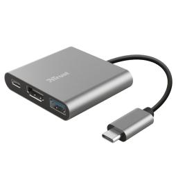 Conversor Trust Dalyx 3 IN 1/ USB Tipo-C Macho - HDMI Hembra/ USB/ USB Tipo-C PD/ 10cm/ Gris