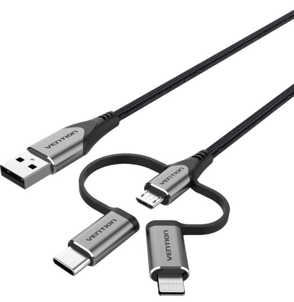 Cable USB 2.0 Tipo-C Vention CQJHF/ USB Macho/ USB Tipo-C Macho - MicroUSB Macho - Lightning Macho/ 480Mbps/ 1m/ Gris