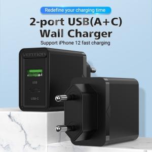 Cargador de Pared Vention FBBB0-EU/ 1xUSB Tipo-C/ 1xUSB/ 20W