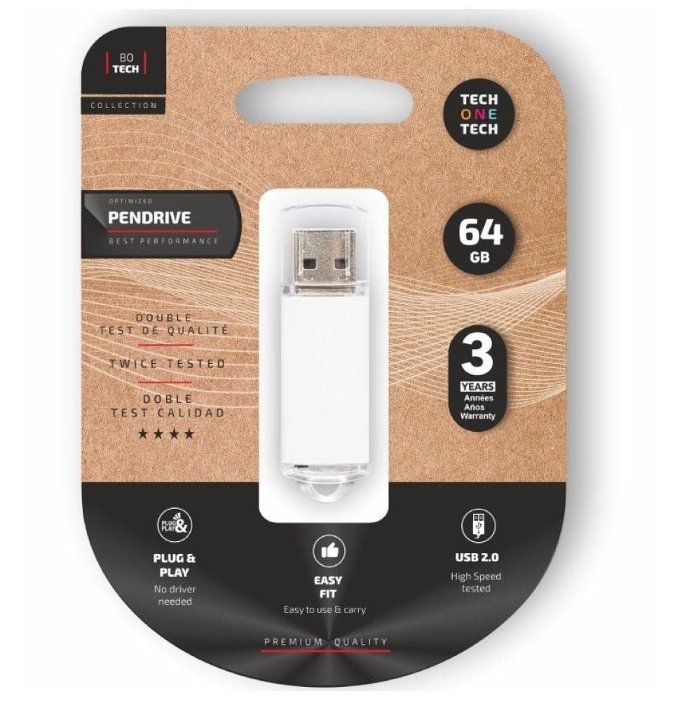 Pendrive 64GB Tech One Tech Basic USB 2.0/ Blanco