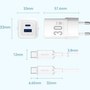 Cargador Gan de Pared Vention TZ-FEQW0-EU-01/ 1xUSB Tipo-C/ 1xUSB + Cable USB Tipo-C/ 30W