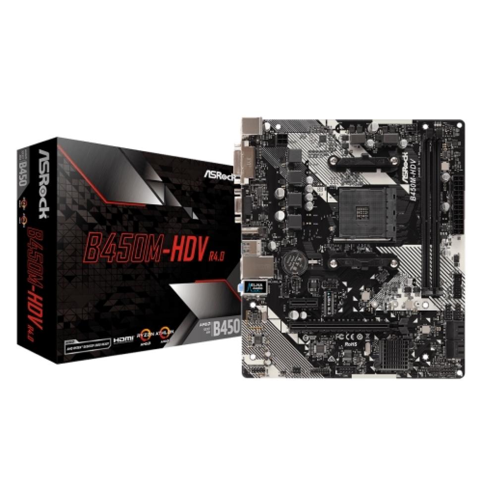 Placa base AM4 microATX Asrock B450M-HDV R4.0 - 2xDDR4 (hasta 32 GB 3200 Mhz OC) - 4xSATA RAID - 1 x M.2 - USB 2.0 (2/4) - USB 3