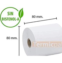 PAPEL TERMICO 80X80X12 MM 56GR. - PAQUETE 8 ROLLOS - SIN BISFENOL-A - (Caja completa 6 paquetes)