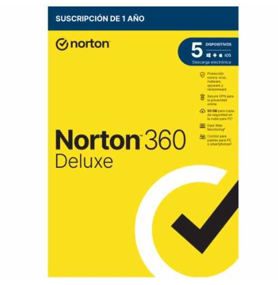 Norton 360 Deluxe - Antivirus - 50GB almacenamiento - 1 usuario - 5 dispositivos - 12 meses - Control parental - Horario escolar