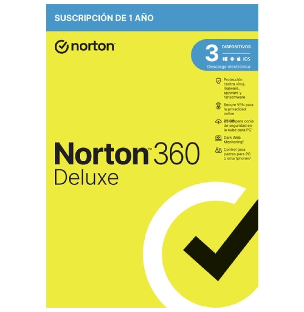 Norton 360 Deluxe - Antivirus - 25GB almacenamiento - 1 usuario - 3 dispositivos - 12 meses - Control parental - Horario escolar