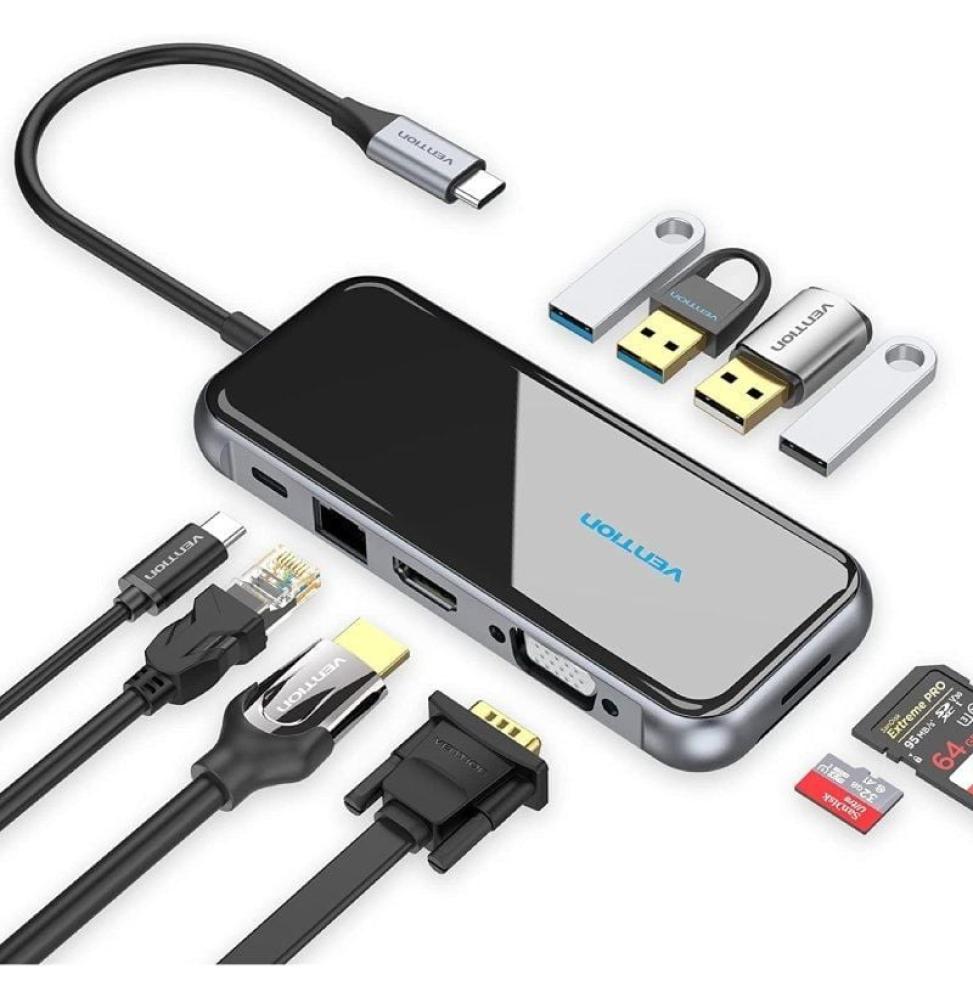 Docking USB Tipo-C Vention TFGHB/ 1xVGA/ 1xHDMI/ 4xUSB/ 1xUSB Tipo-C PD/ 1xRJ45/ 1xLector Tarjetas SD/ Gris