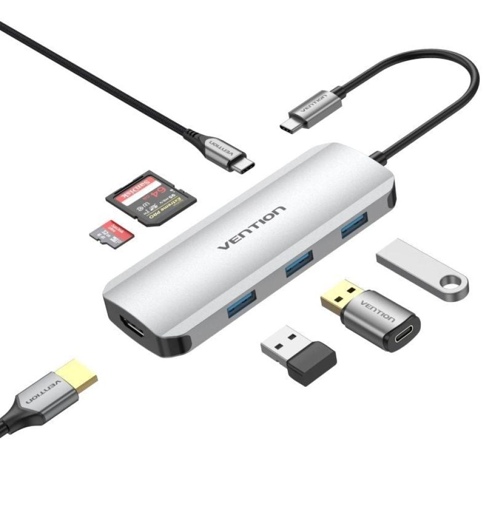 Docking USB Tipo-C Vention TOJHB/ 1xHDMI/ 3xUSB/ 1xUSB Tipo-C/ 1xLector tarjetas/ Gris