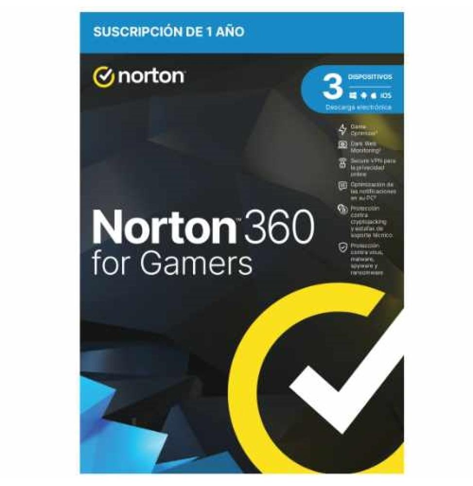 Norton 360 For Gamers - Antivirus - 50GB almacenamiento - 1 usuario - 3 dispositivos - 12 meses - Game optimizer - SafeCam - Sec