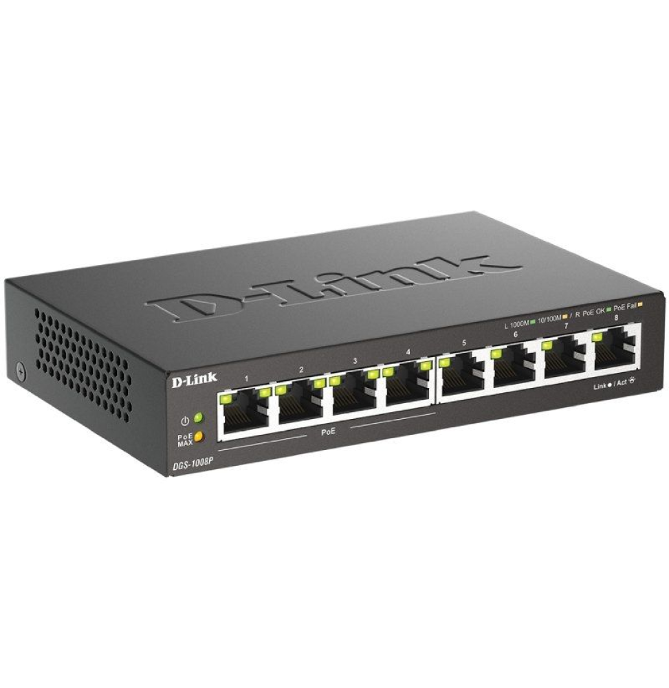 Switch D-Link DGS-1008P 8 Puertos/ RJ-45 Gigabit 10/100/1000/ PoE