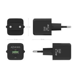 Cargador Gan de Pared Aisens ASCH-25W2P015-BK/ 1xUSB Tipo-C/ 1xUSB/ 25W