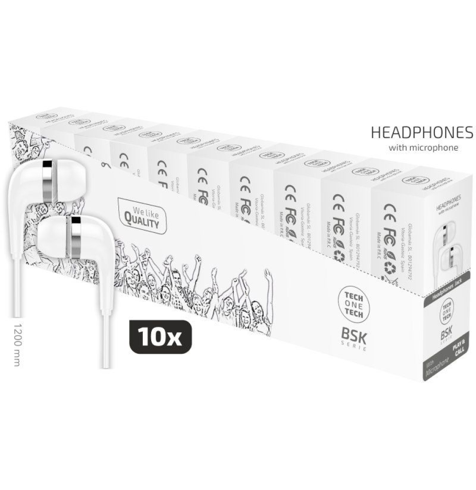 Pack 10 Auriculares Intrauditivos Tech One TEC2955/ con Micrófono/ Jack 3.5/ Blancos