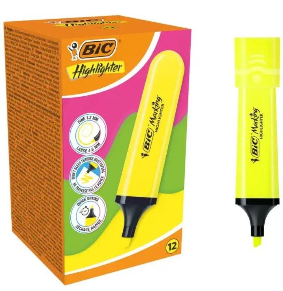 Caja de Marcadores Fluorescentes Bic Highlighter Flat Neón/ 12 unidades/ Amarillos