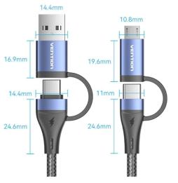 Cable USB 2.0 Tipo-C Vention CTLLF/ USB Tipo-C Macho - USB Macho/ MicroUSB Macho - USB Tipo-C Macho/ Hasta 100W/ 480Mbps/ 1m/ Ne