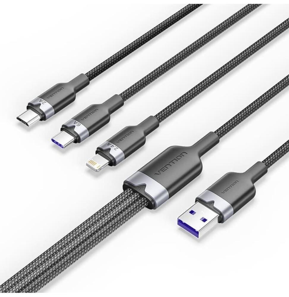 Cable USB 2.0 Lightning Vention CTPBG/ USB Macho/ USB Tipo-C Macho - MicroUSB Macho - Lightning Macho/ 1.5m/ Negro