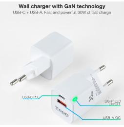 Cargador de Pared TooQ TQWC-GANQCPD30WT/ 1xUSB Tipo-C/ 1xUSB/ 30W