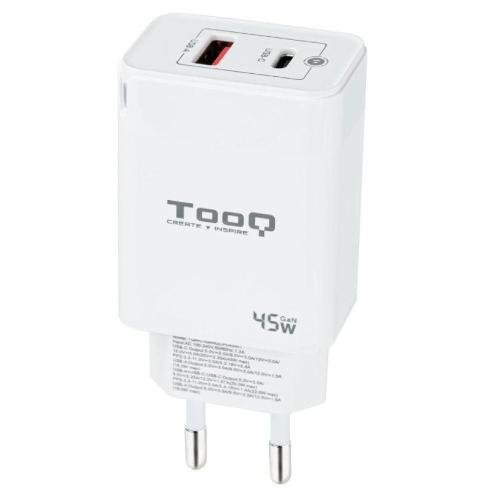 Cargador de Pared TooQ TQWC-GANQCPD45WT/ 1xUSB Tipo-C/ 1xUSB/ 45W