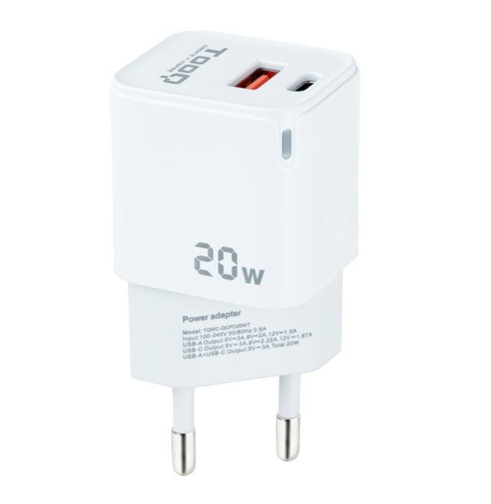 Cargador de Pared TooQ TQWC-QCPD20WT/ 1xUSB-Tipo C/ 1x USB/ 20W/ Blanco