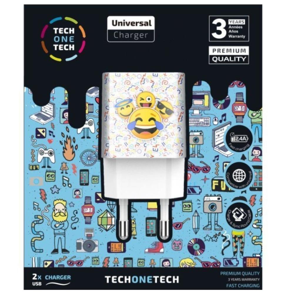 Cargador de Pared Tech One Tech Emojitech Smile TEC2502/ 2xUSB/ 2.4A/ Blanco