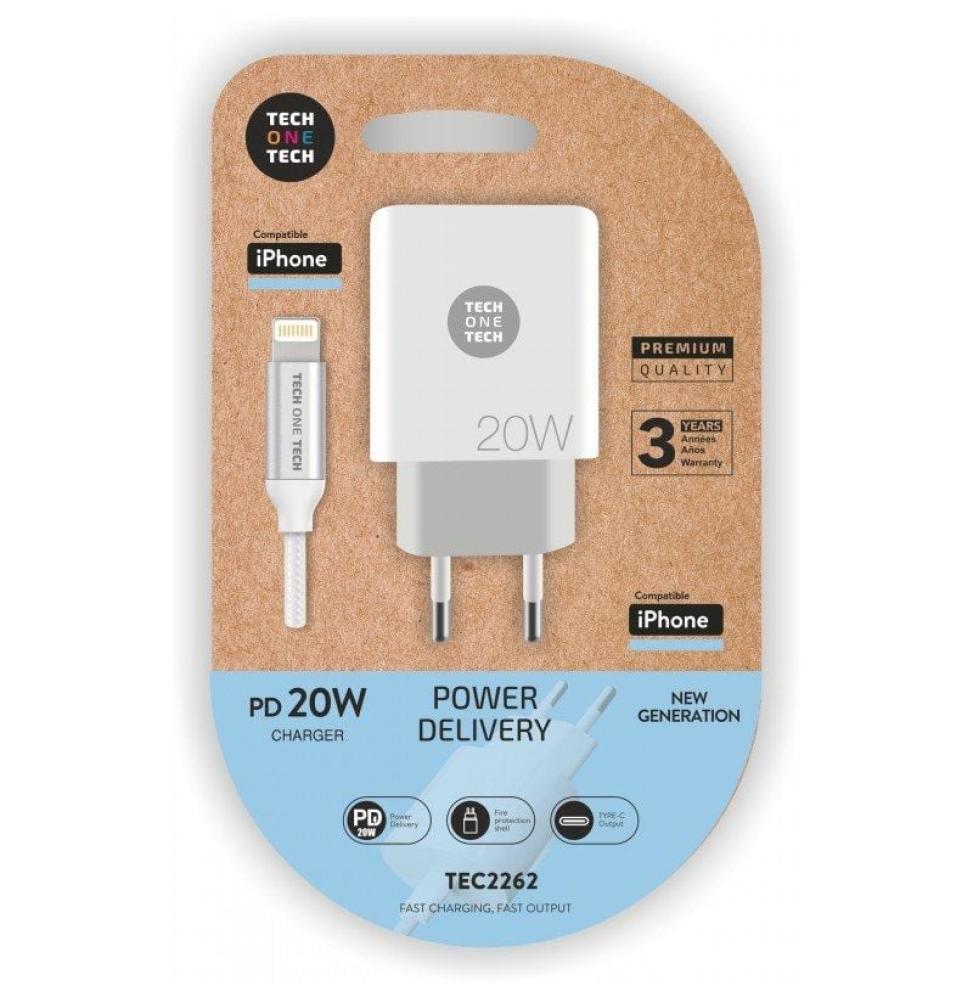 Cargador de Pared Tech One Tech TEC2262/ 1xUSB Tipo-C + Cable Lightning/ 3A/ Blanco