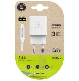 Cargador de Pared Tech One Tech TEC2401/ 2xUSB + Cable Micro USB/ 2.4A/ Blanco