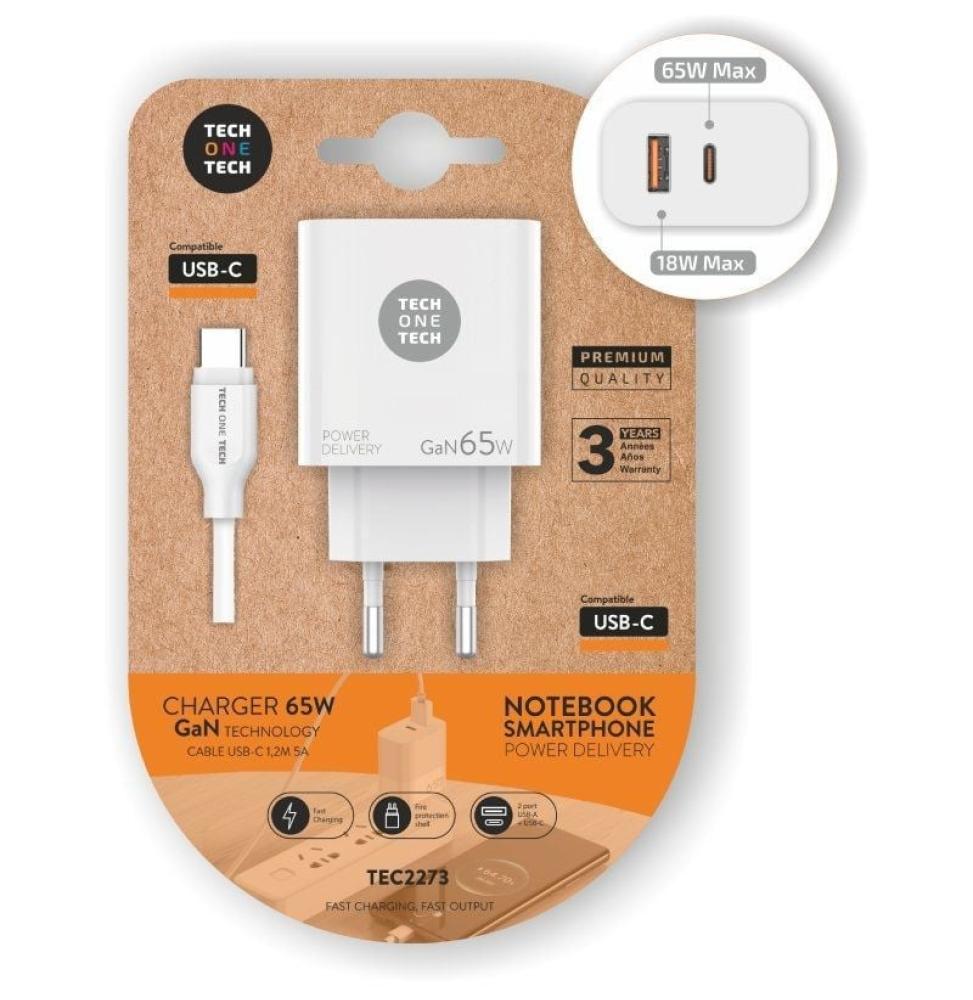 Cargador de Pared Tech One Tech GaN PD TEC2273 / 1xUSB Tipo-C/ 1x USB/ 65W